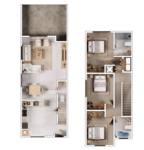 A floor plan of a two-story apartment with a living room, kitchen, dining room, and bedrooms.